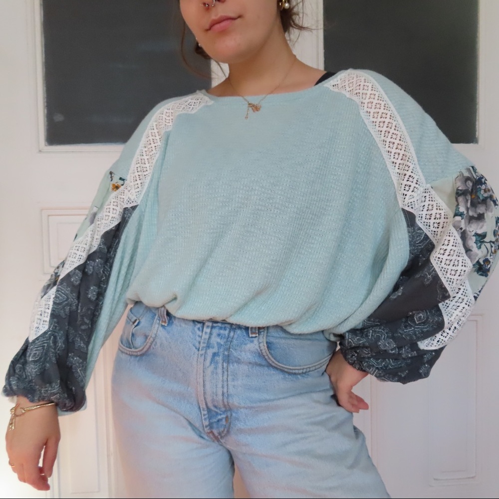 Free People Waffle Knit Mixed Media Sweater NWT